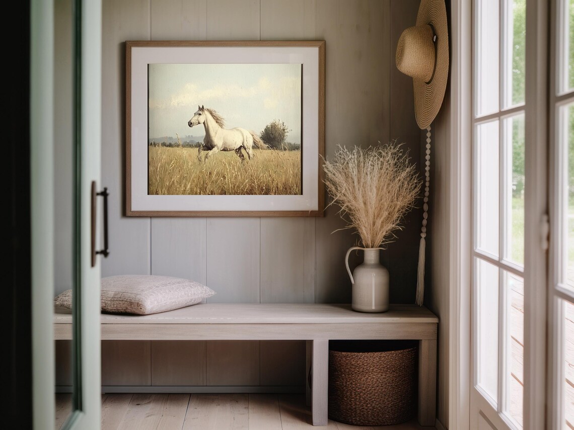 Vintage White Horse Galloping Through Golden Meadow Sunset Poster