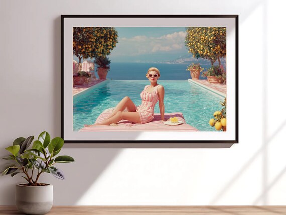 Retro Lemon Grove Pool Day Pink Glam Summer Villa Art Poster
