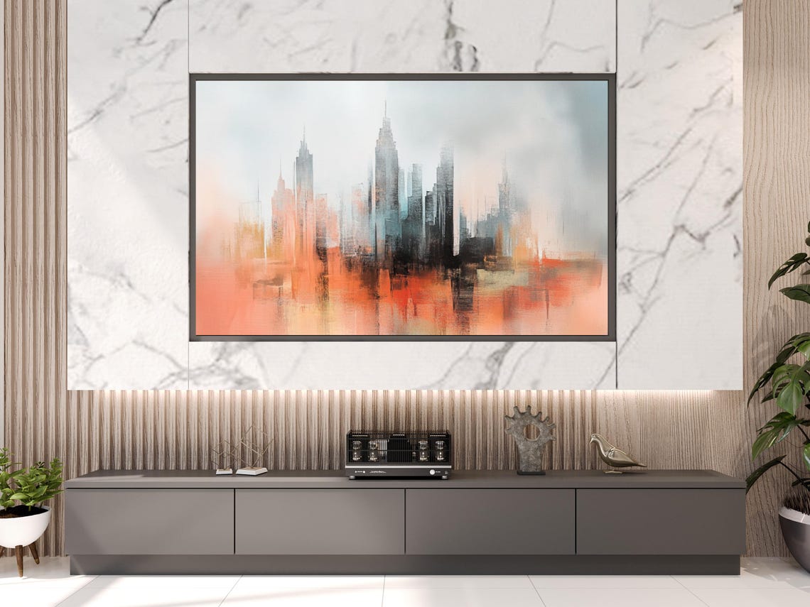 Abstract Glowing Orange and Grey Modern City Skyline Art Poster