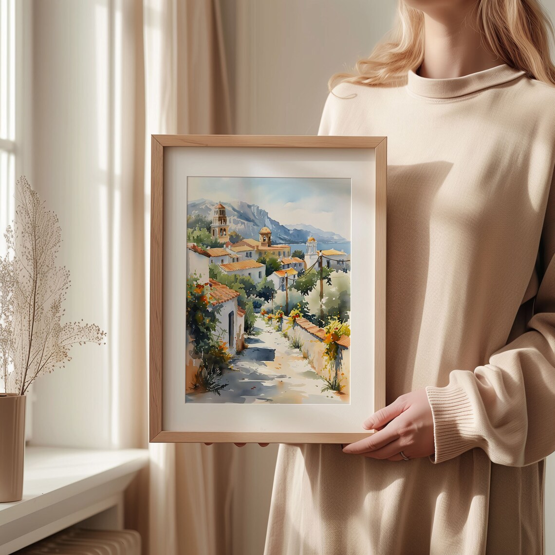 Athens Greece Coastal Village Church Towers Watercolor Poster - Image 2