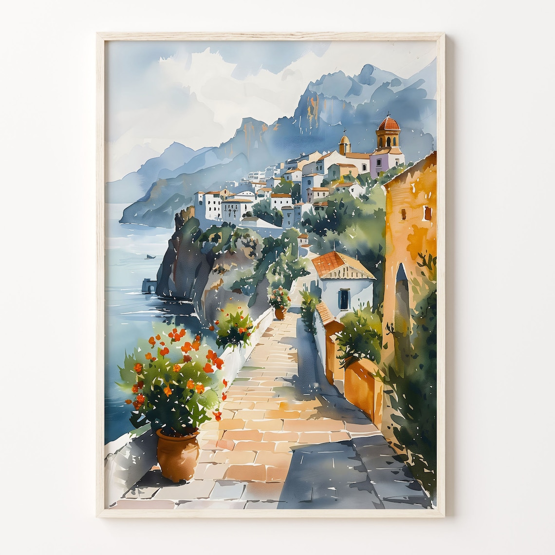 Ischia Italy Island Cliffside Coastal Village Watercolor Poster