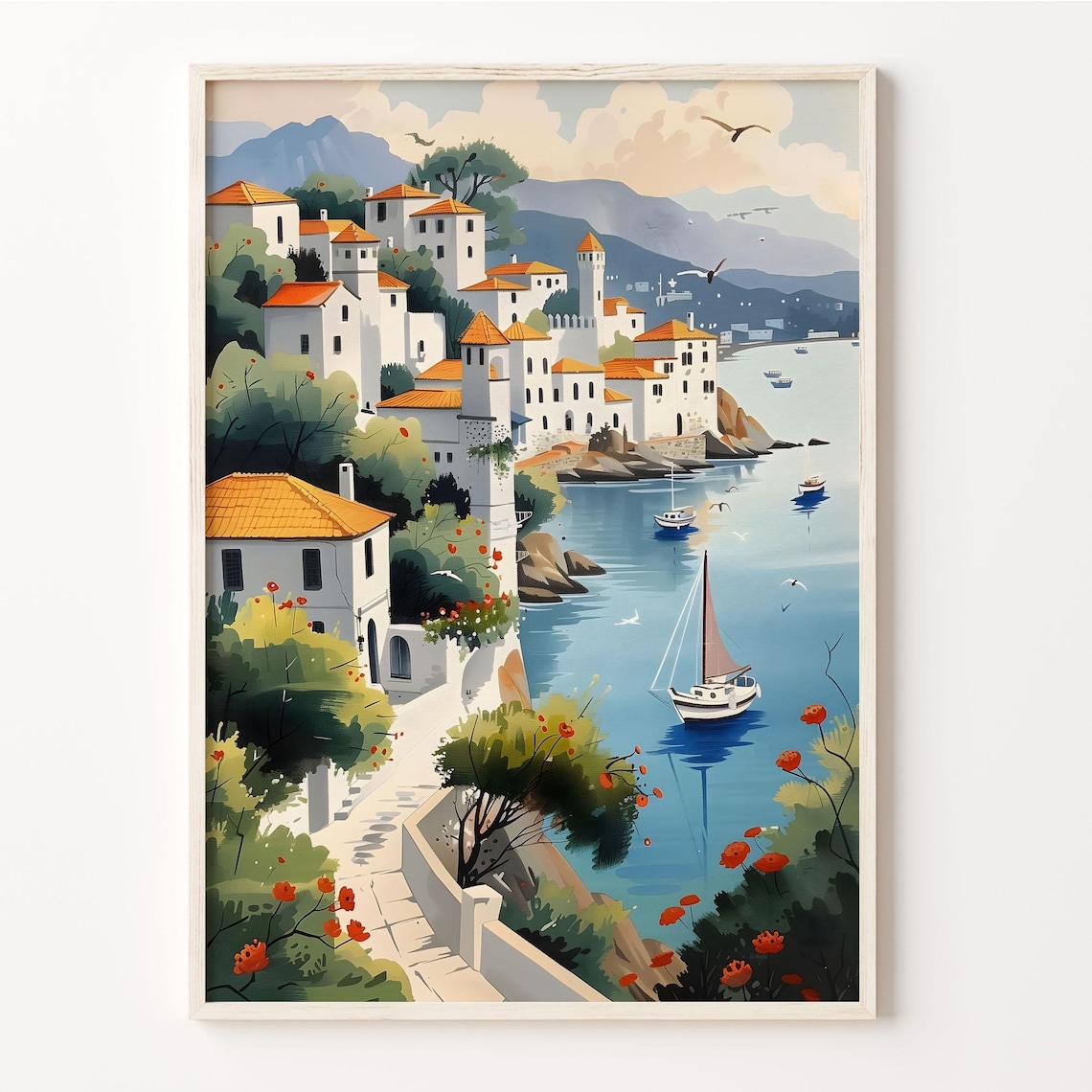 Bodrum Turkey Whitewashed Coastal Town Sailboat Watercolor Poster