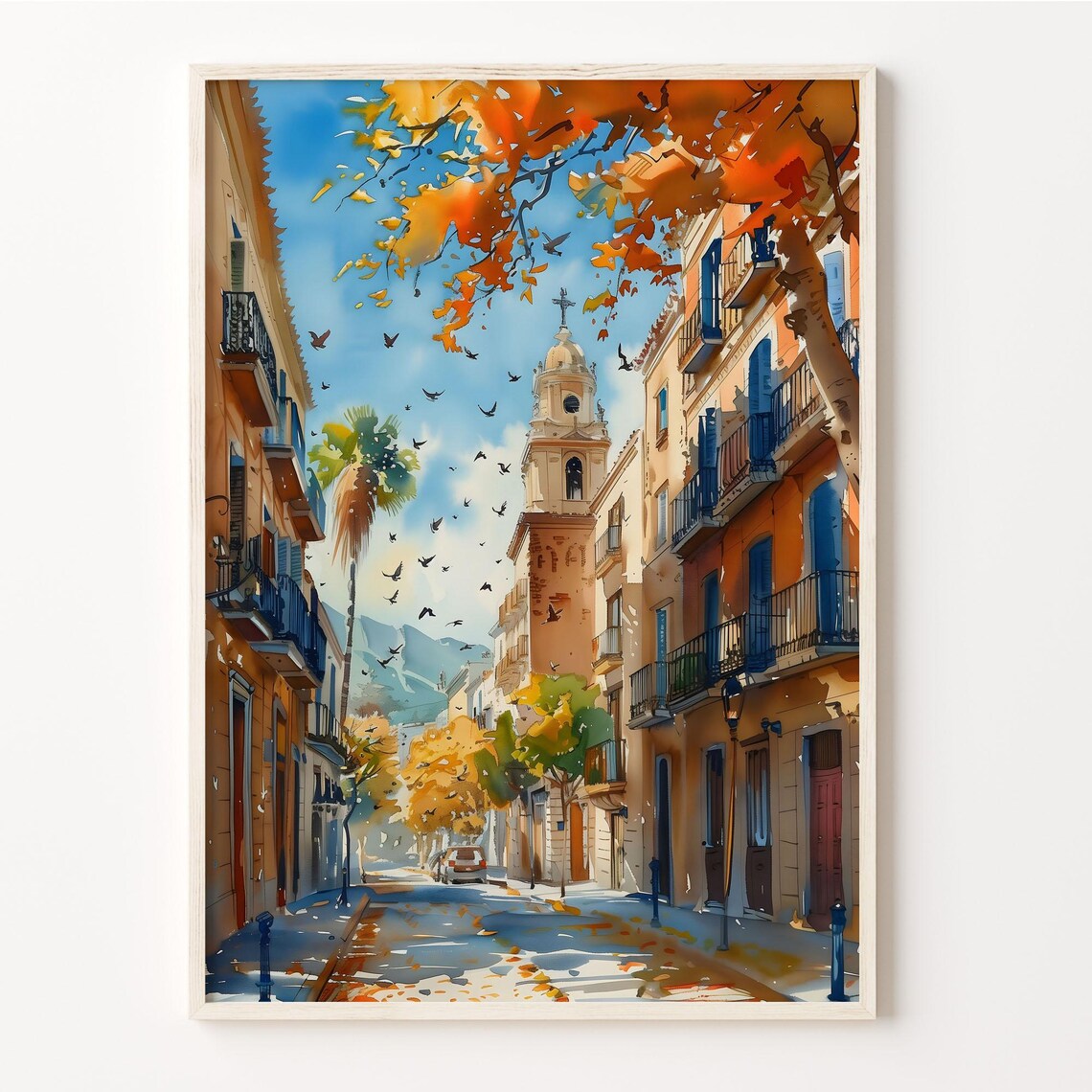 Barcelona Spain Old Town Church Tower Street Watercolor Poster