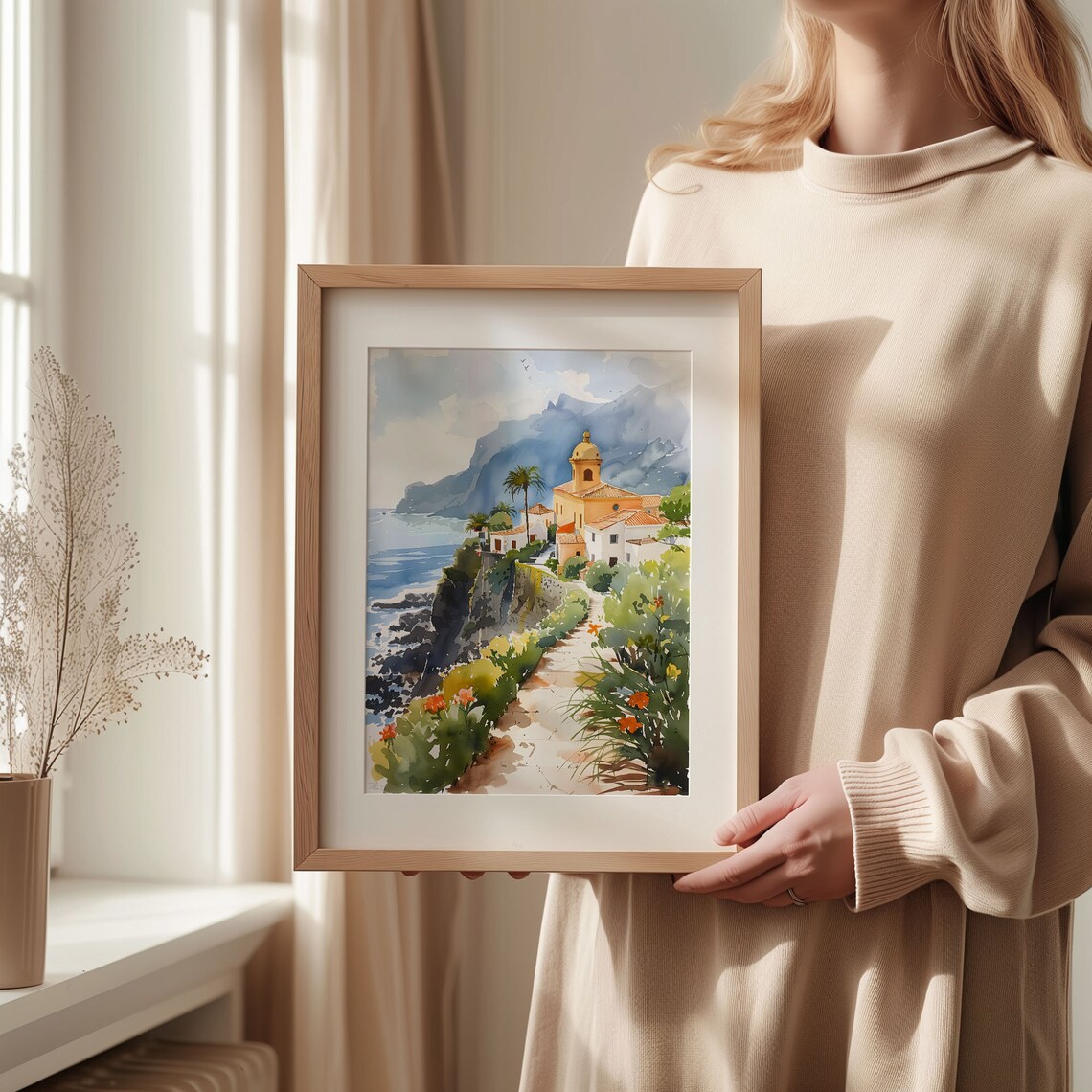 Tenerife Spain Sunny Cliffside Coastal Village Watercolor Poster - Image 2