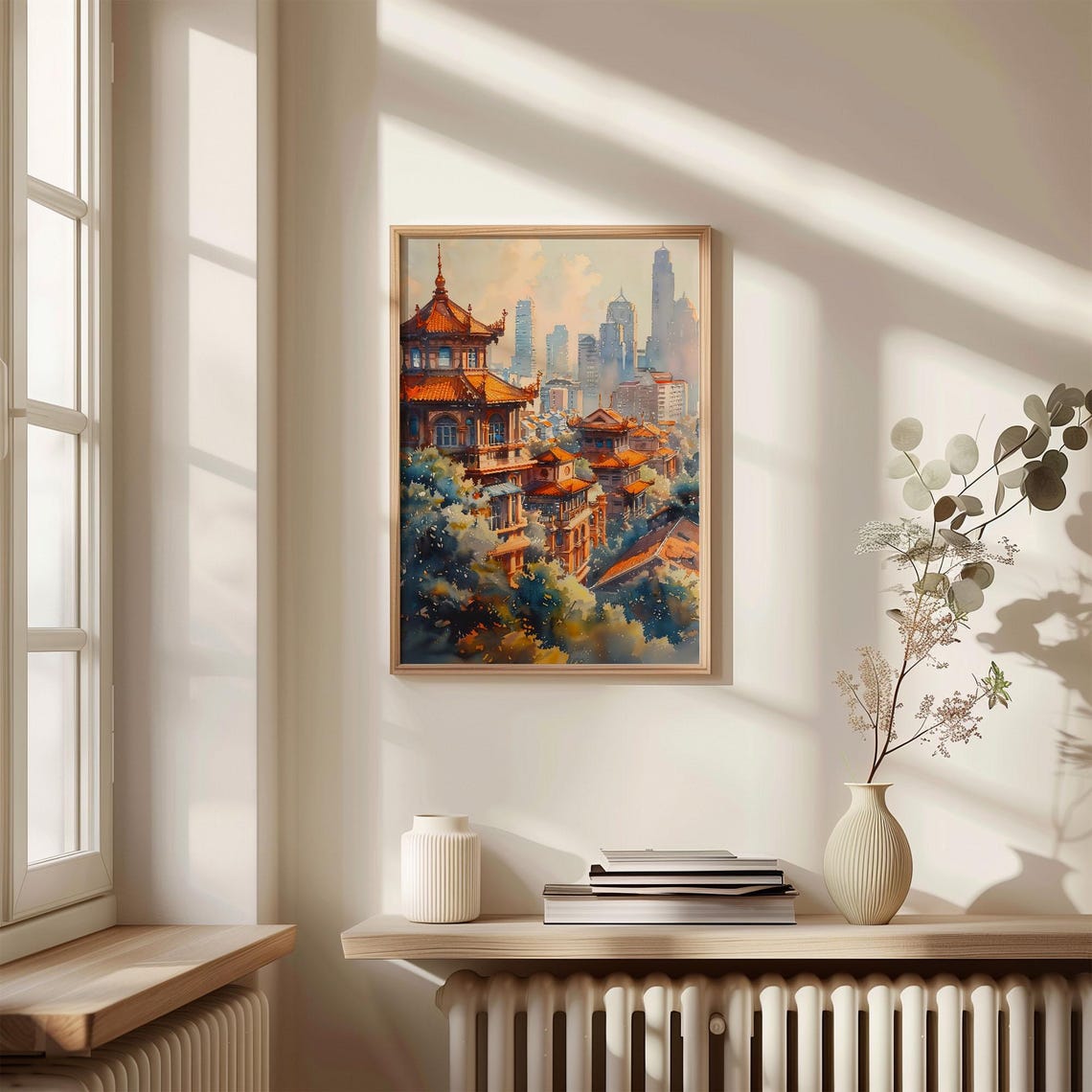 Bangkok Thai Temple Rooftops Skyline Watercolor Painting Poster - Image 4