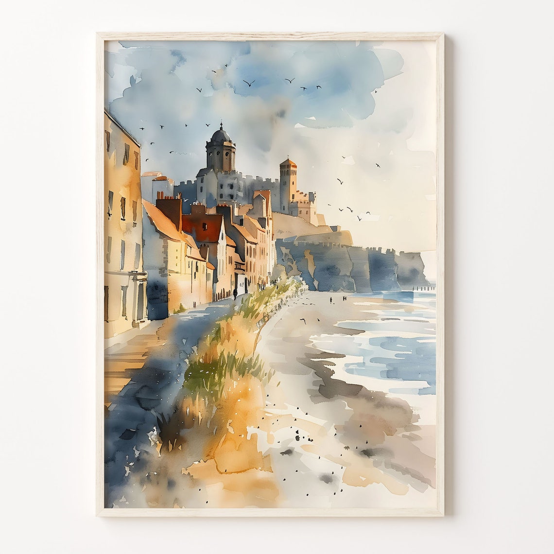 Seaside Tynemouth UK Coastal Castle Cliffs Watercolor Poster