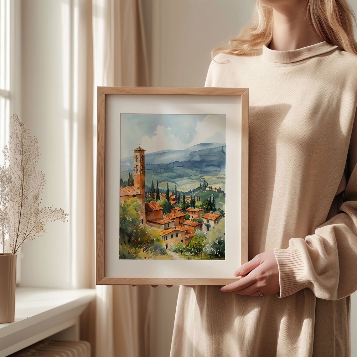 Tuscany Italy Hill Village Cypress Bell Tower Watercolor Poster - Image 2