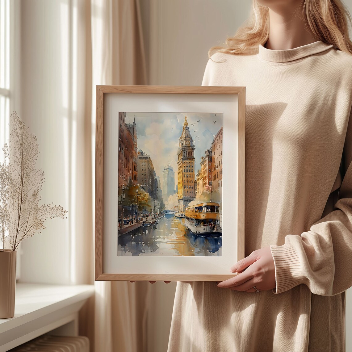 Boston Custom House Tower Canal Ferry Autumn Watercolor Print - Image 2