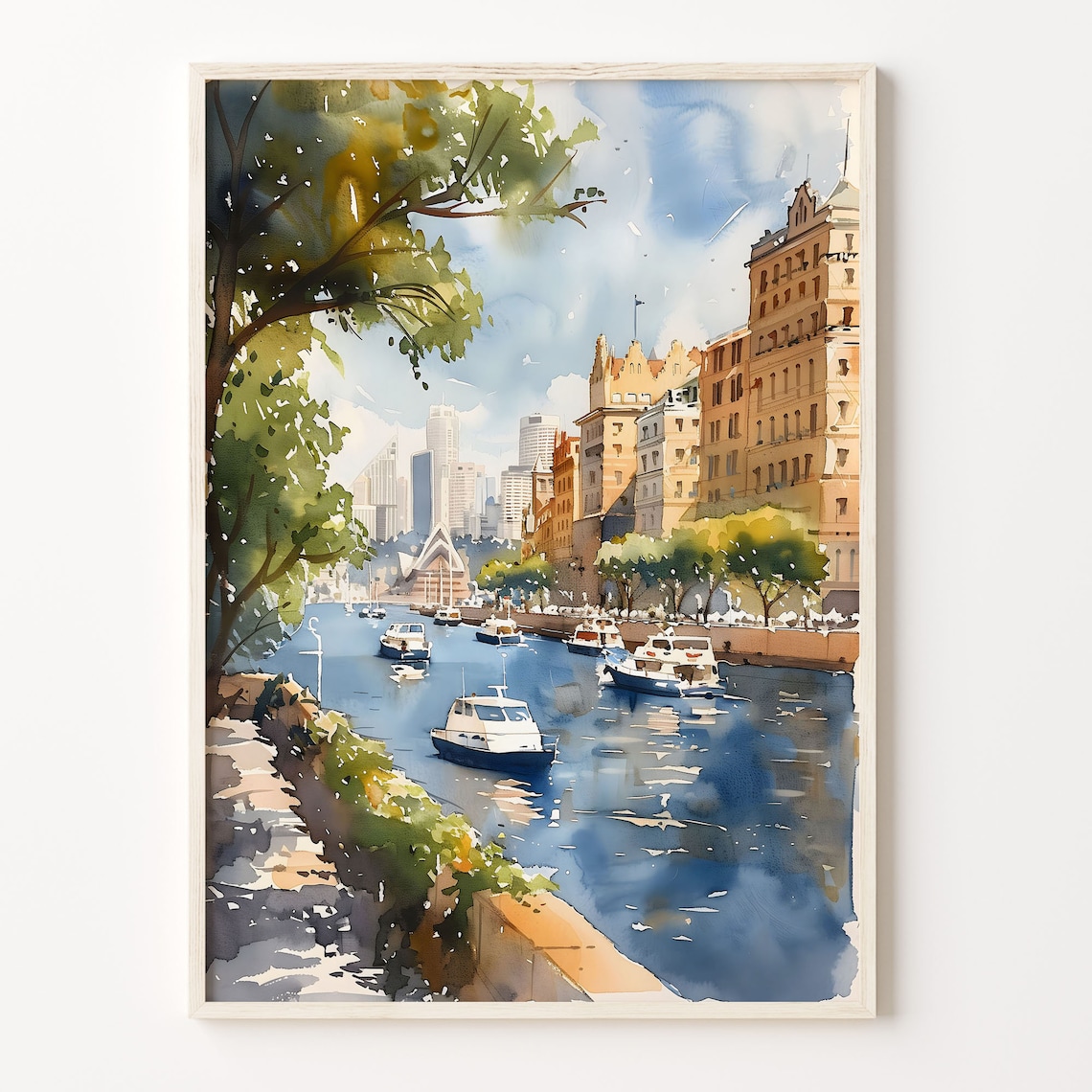 Sydney Harbour Opera House City Boats Skyline Watercolor Poster