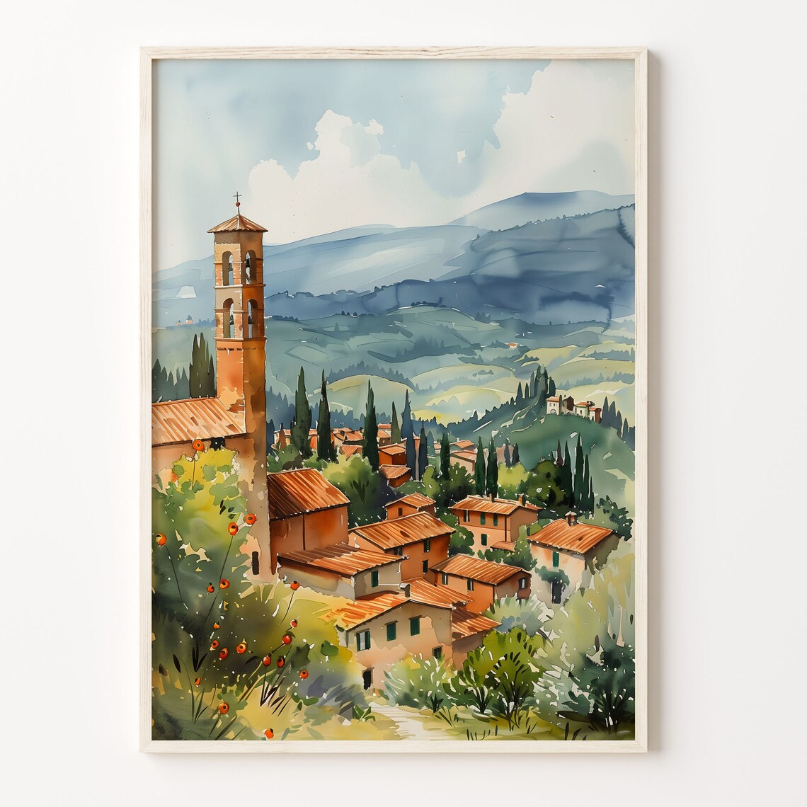 Tuscany Italy Hill Village Cypress Bell Tower Watercolor Poster