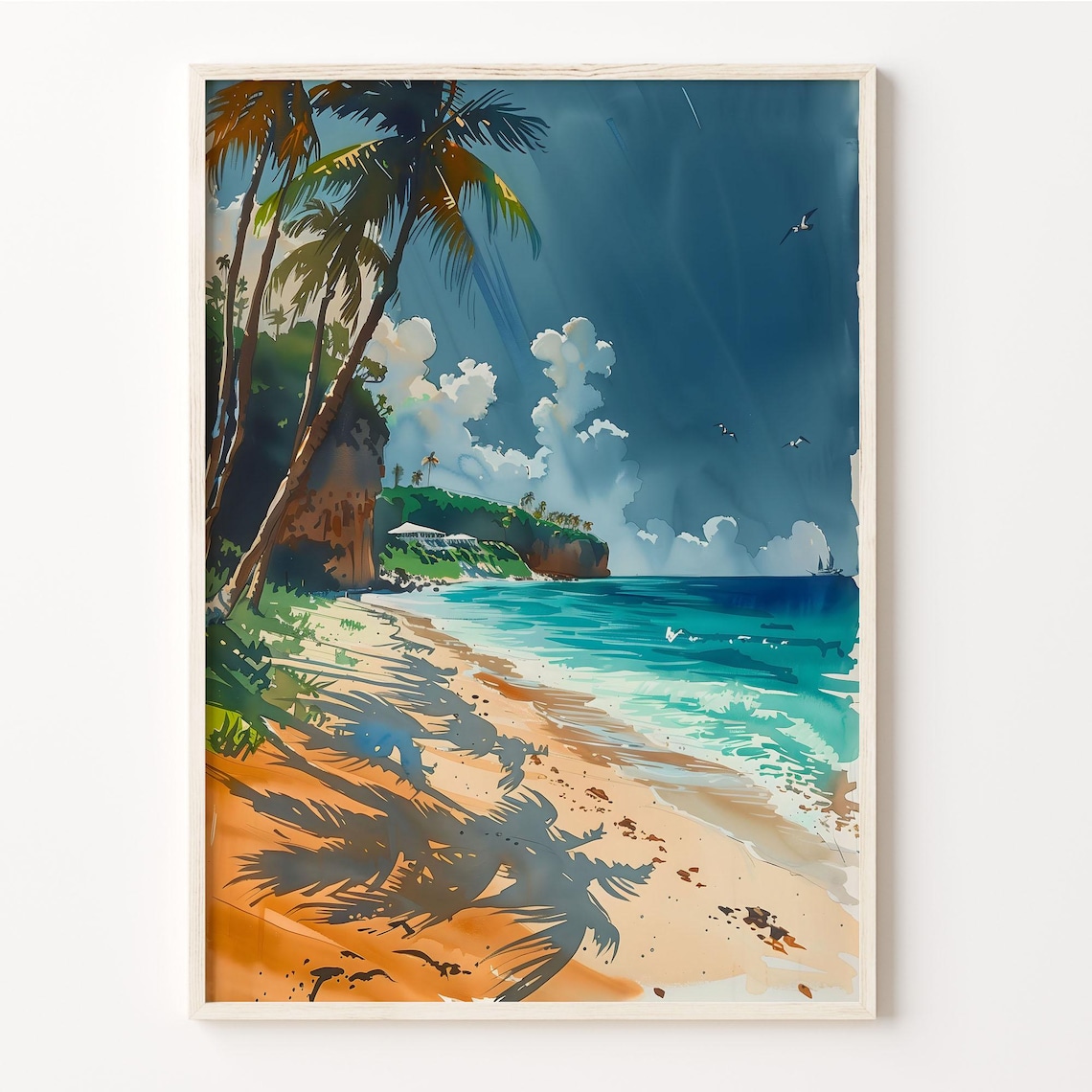 Cayman Islands Sandy Beach Palm Shade Turquoise Watercolor Poster