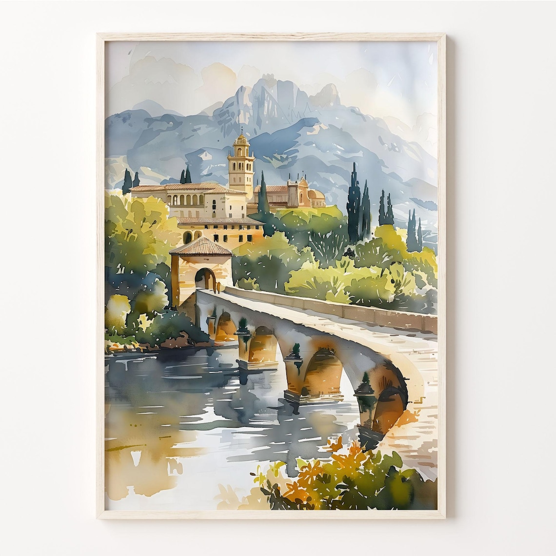 Cordoba Spain Historic Stone Bridge Bell Tower Watercolor Poster