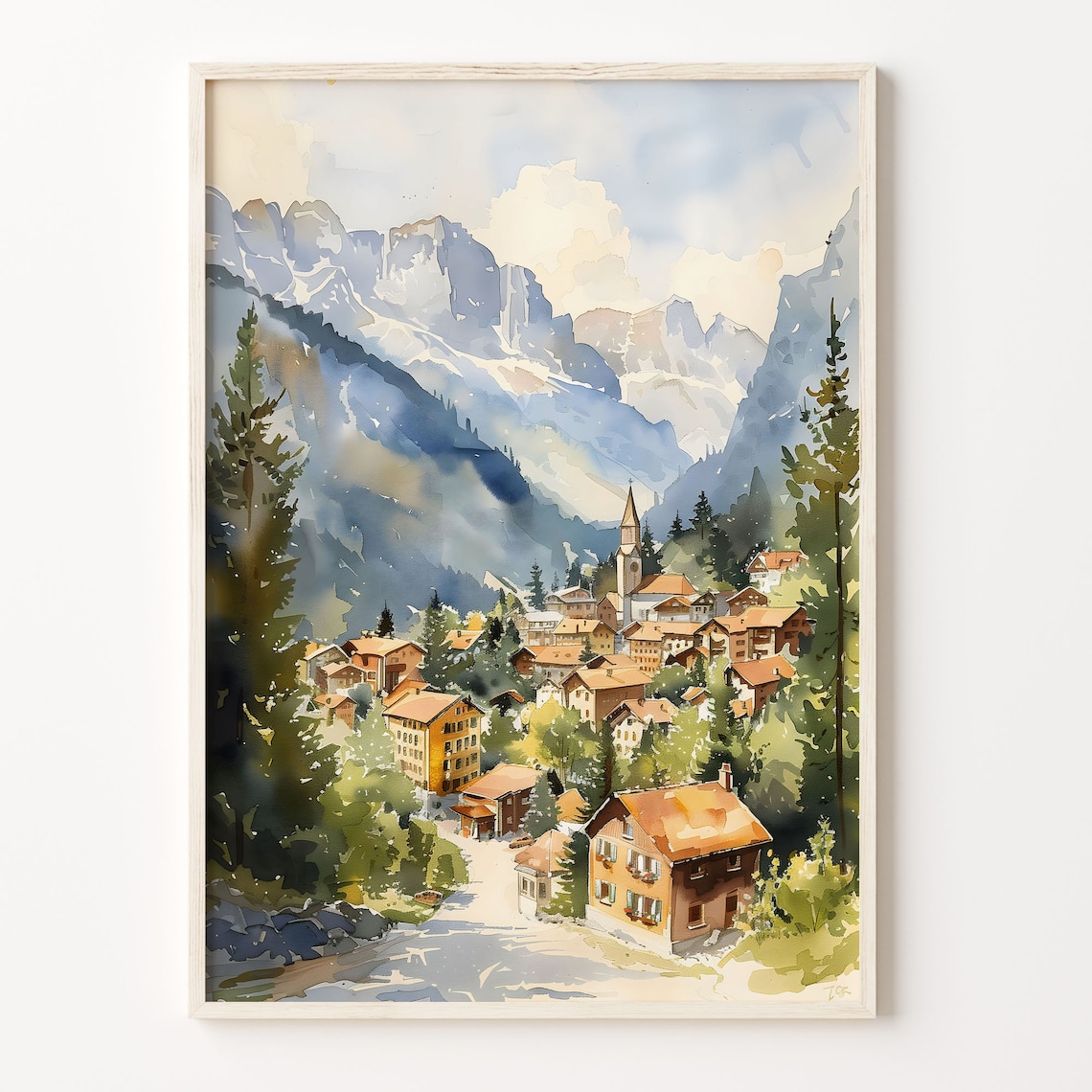 Wengen Watercolor Painting Switzerland Travel Poster