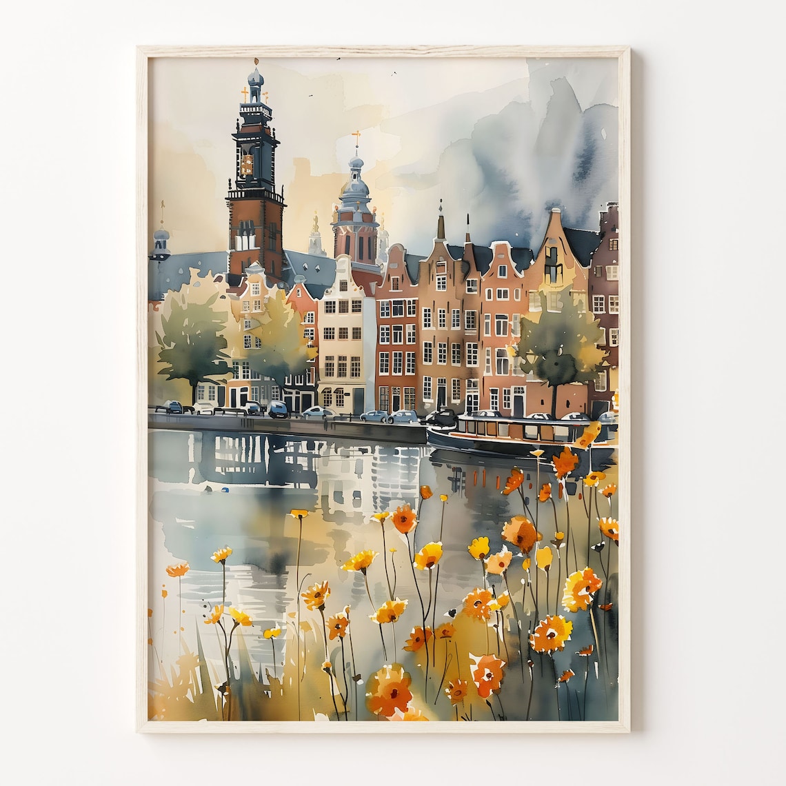 Amsterdam Watercolor Painting Travel Poster, Netherlands