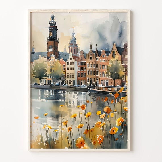 Amsterdam Watercolor Painting Travel Poster, Netherlands