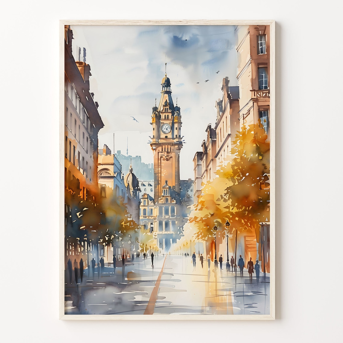 European Boulevard Historic Clock Tower Autumn Watercolor Poster