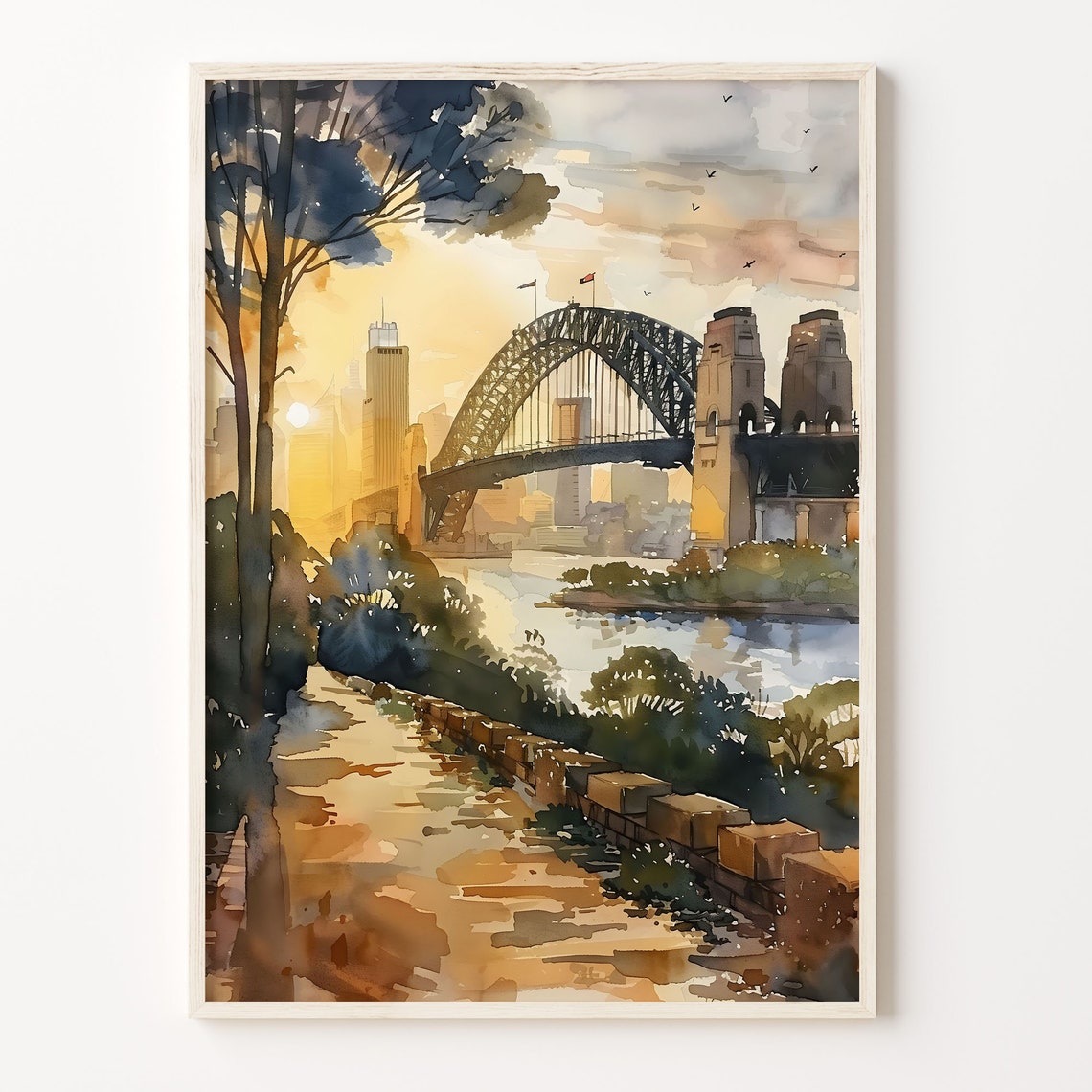 Sydney Harbour Bridge Sunset Waterfront Walkway Watercolor Poster
