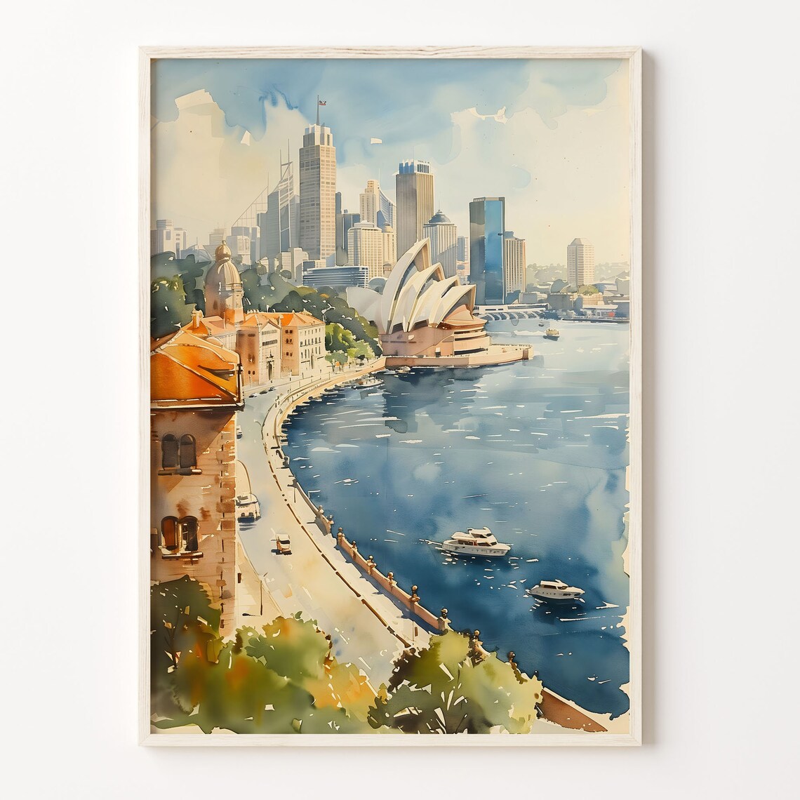 Sydney Opera House Harbour Skyline Boats Watercolor Travel Poster