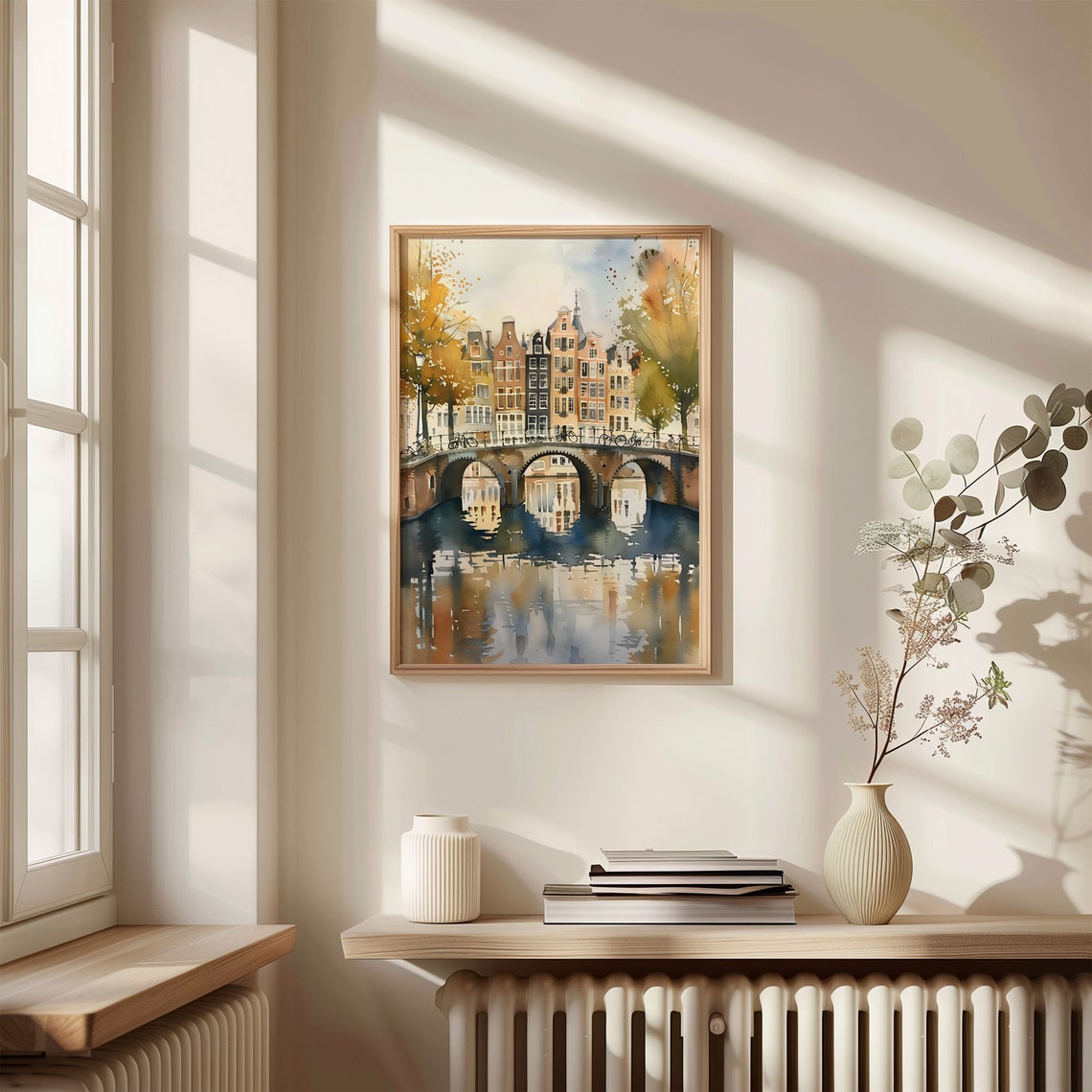 Amsterdam Canal Bridge Watercolor Poster Bicycles Autumn Reflections - Image 4