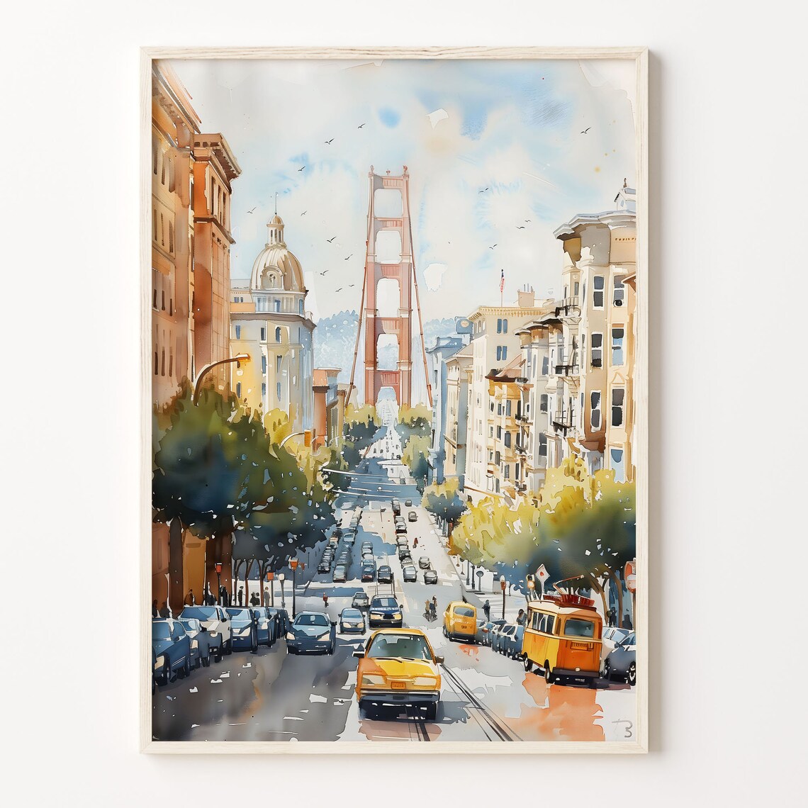 San Francisco Golden Gate Iconic Street Scene Watercolor Poster