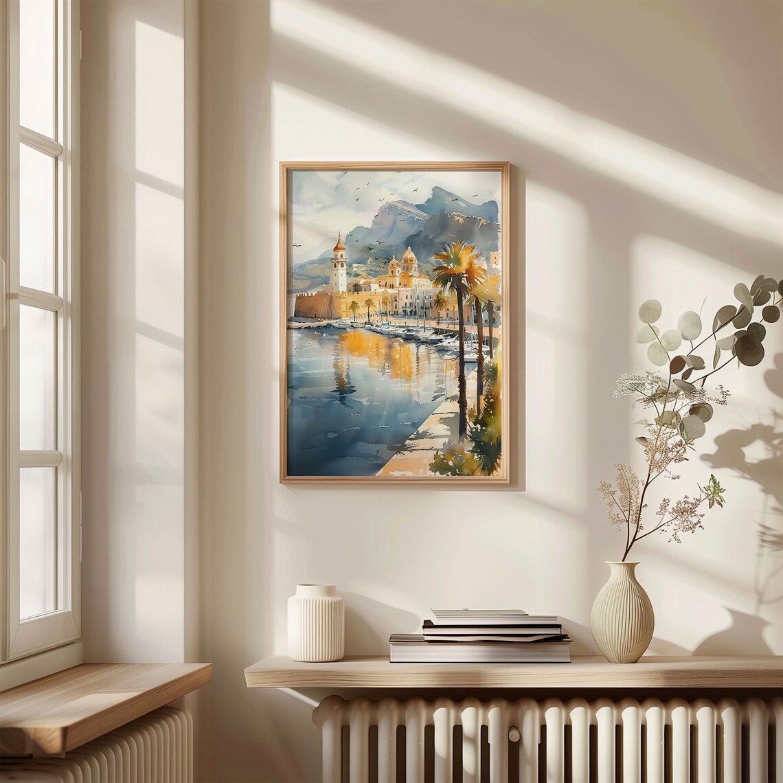 Alicante Spain Harbour Castle Church Palm Trees Watercolor Poster - Image 4