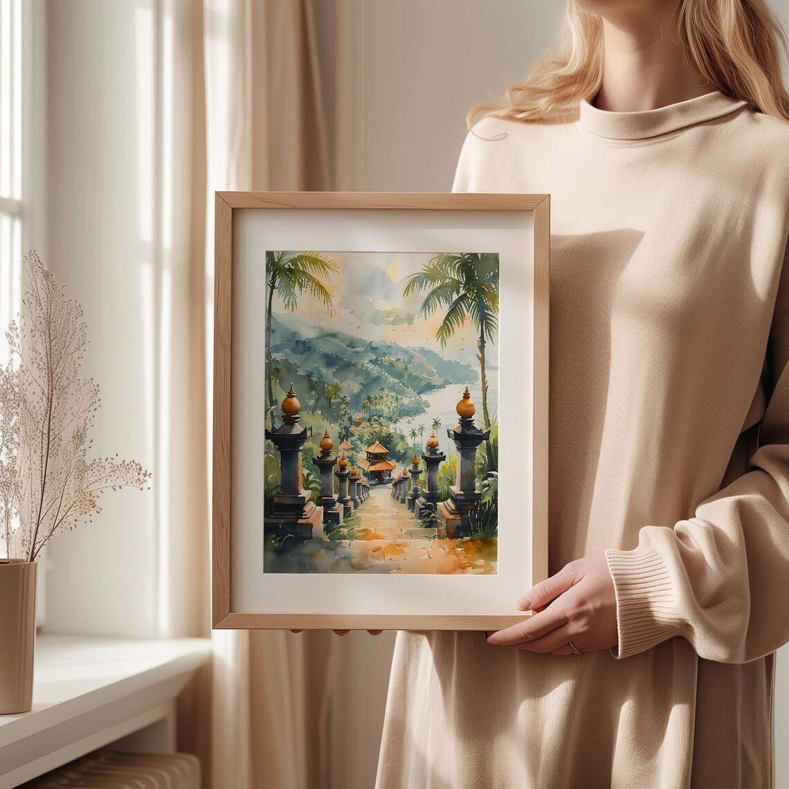Bali Temple Pathway Watercolor Poster Tropical Palms Jungle Hills - Image 2