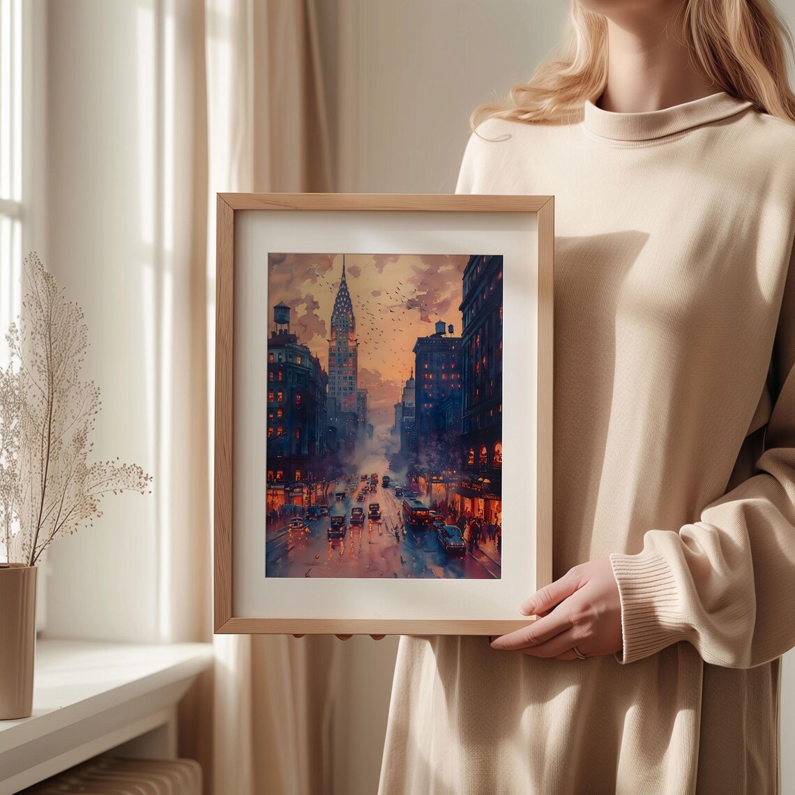 New York City Chrysler Building Sunset Street Glow Watercolor Poster - Image 2