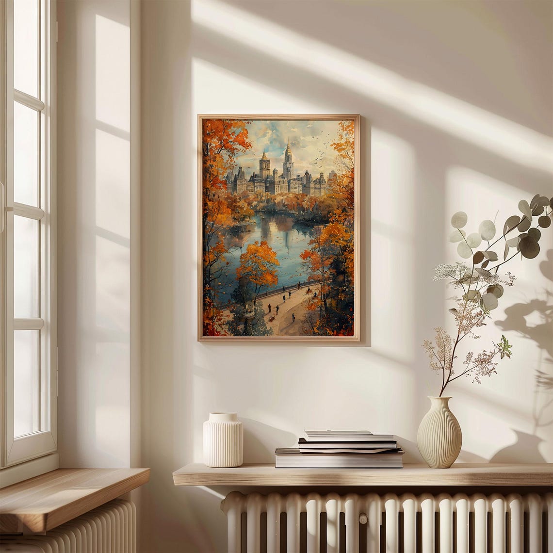 Central Park New York Autumn Lake Skyline Watercolor Travel Poster - Image 4