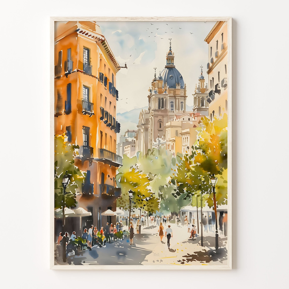Barcelona Street Watercolor Poster Cathedral Dome Lively Avenue