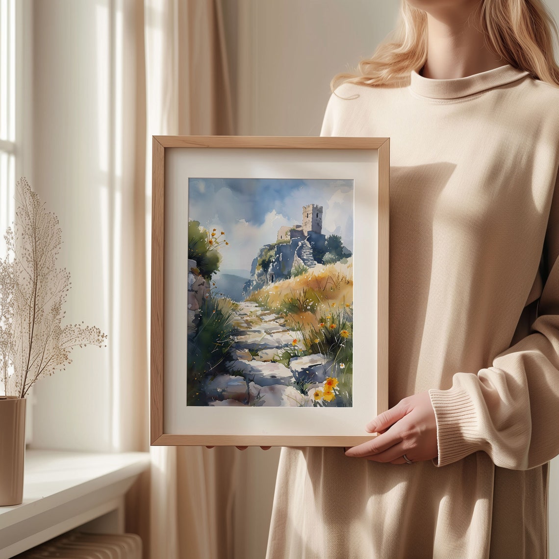Cornwall Cliff Top Stone Ruin Wildflower Path Watercolor Poster - Image 2