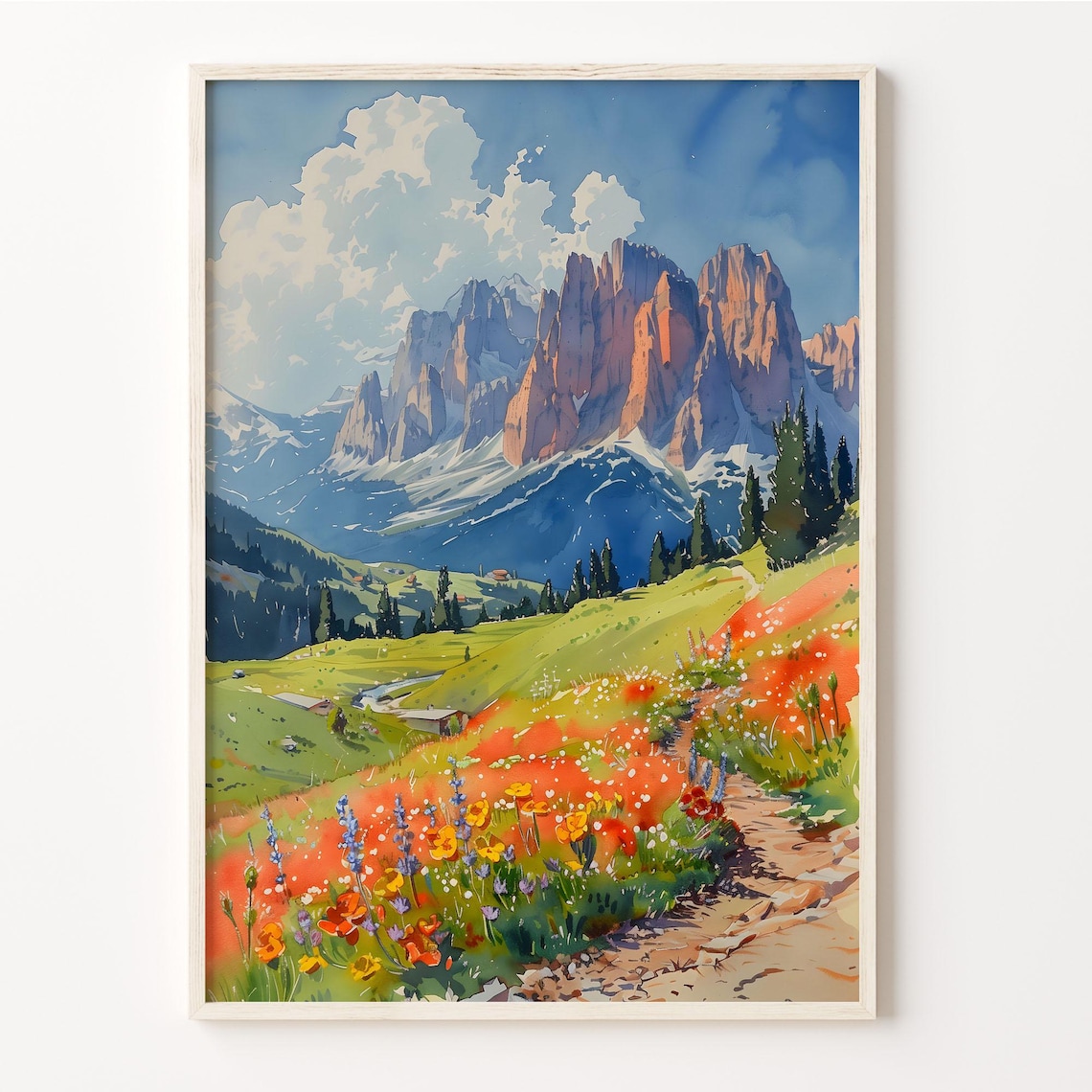 Dolomites Watercolor Italy Travel Poster, Piave Valley