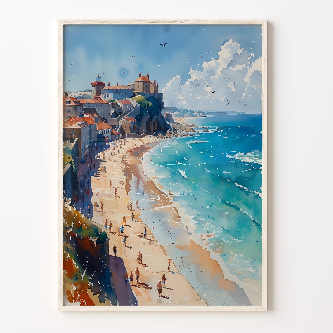 Newquay Cornwall Summer Beach Town Watercolor Painting Poster