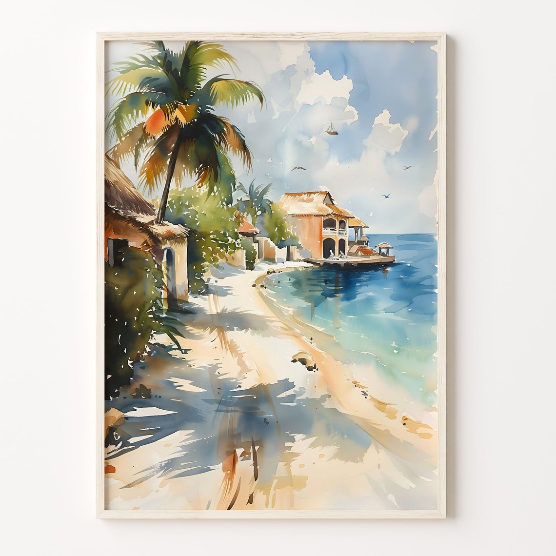 Maldives Watercolor Poster Overwater Villa Turquoise Sea Palms