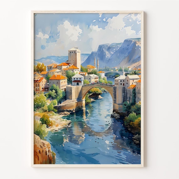 Mostar Watercolor Painting, Stari Most Bridge Poster