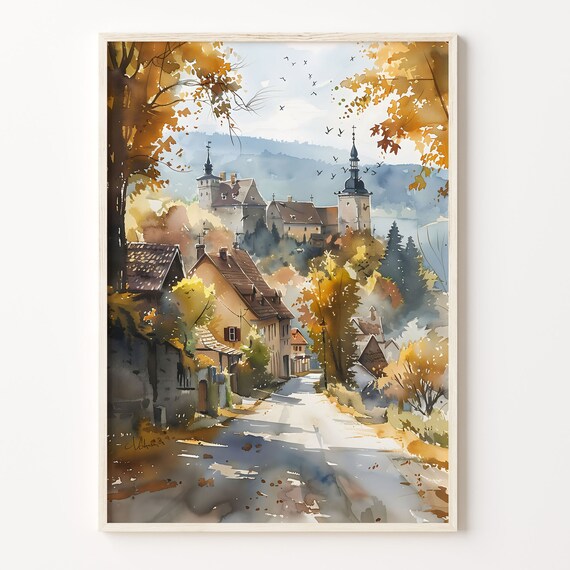 Sighisoara Romania Medieval Old Town Autumn Watercolor Travel Poster