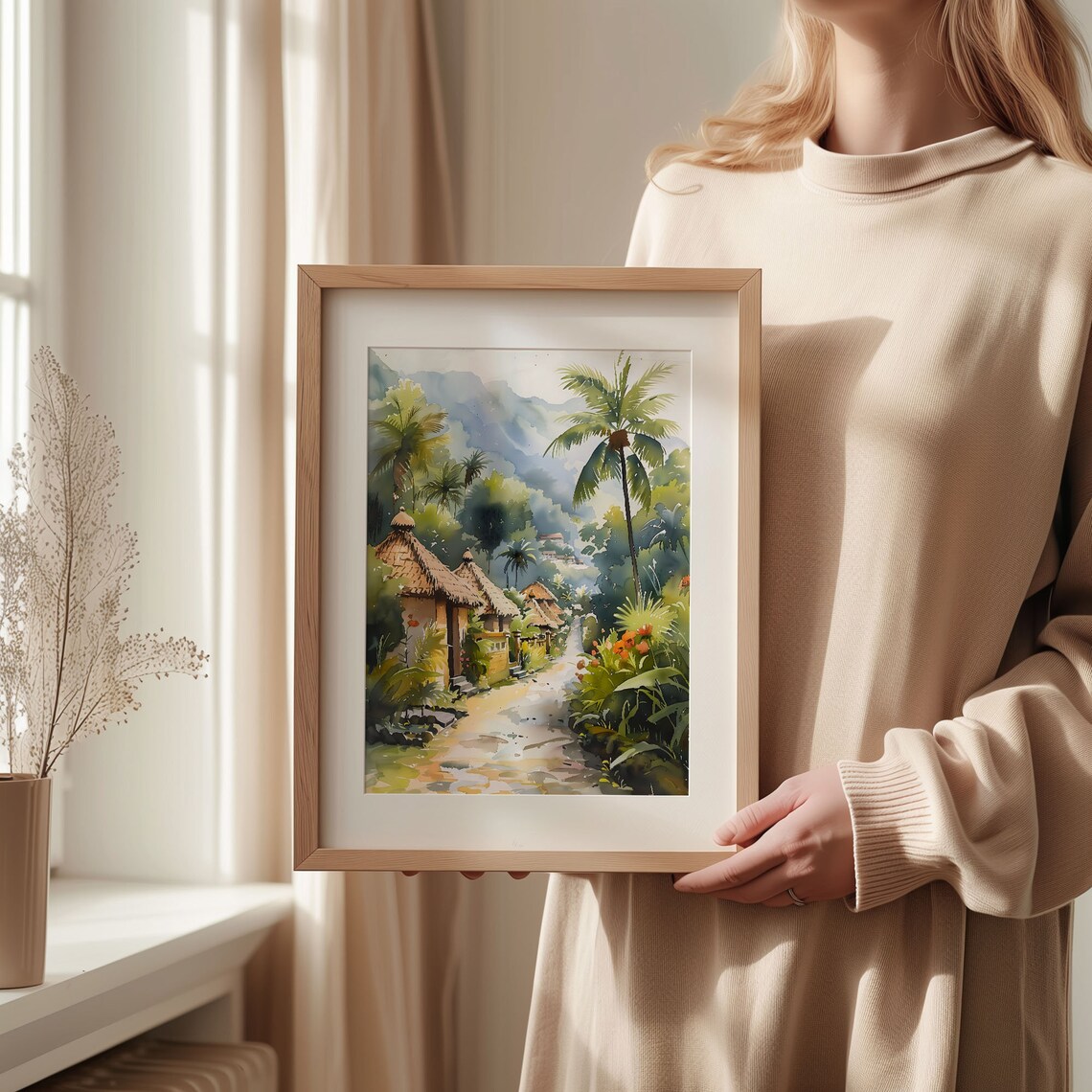Bali Tropical Village Thatched Huts Palm Jungle Watercolor Poster - Image 2