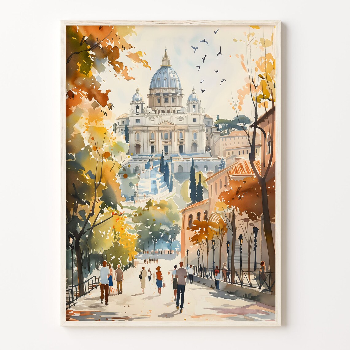 Rome Saint Peters Basilica Autumn Avenue Watercolor Travel Poster