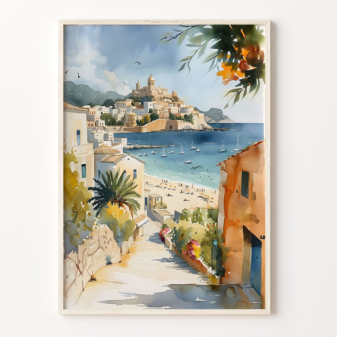 Ibiza Spain Old Town Hilltop Bay Sailing Boats Watercolor Poster