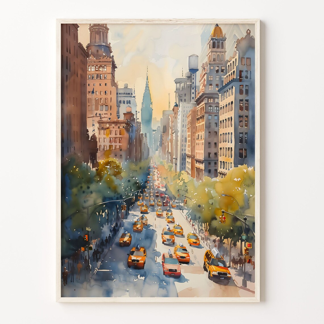 New York City Skyscraper Yellow Taxi Avenue Watercolor Poster
