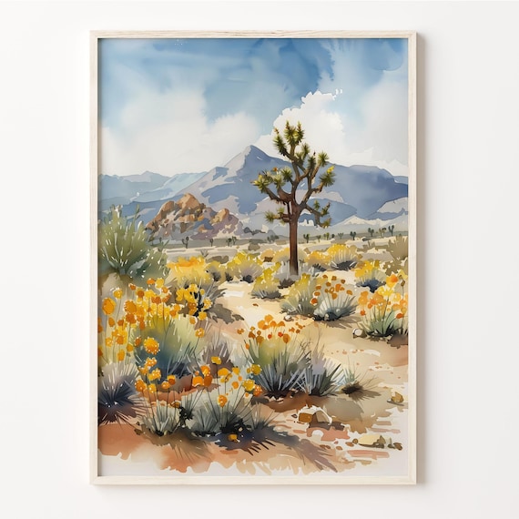 Joshua Tree California Desert Wildflowers Mountain Watercolor Travel Poster