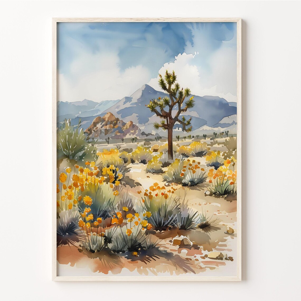 Joshua Tree California Desert Wildflowers Mountain Watercolor Travel Poster