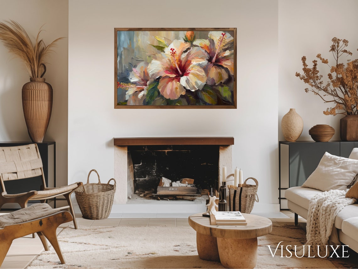 White Hibiscus Flowers Tropical Floral Impasto Painting Wall Art Print - Image 2