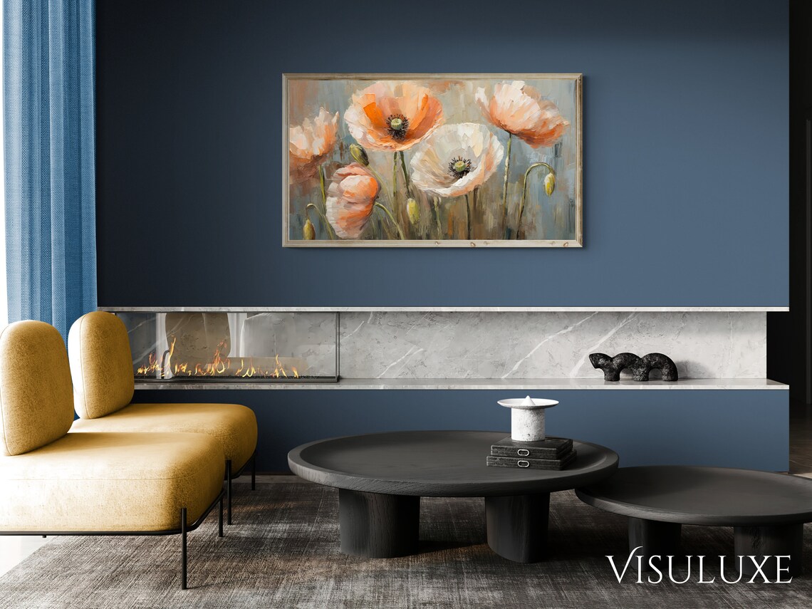 Peach Poppies Impasto Oil Painting Soft Neutral Floral Decor Poster - Image 2