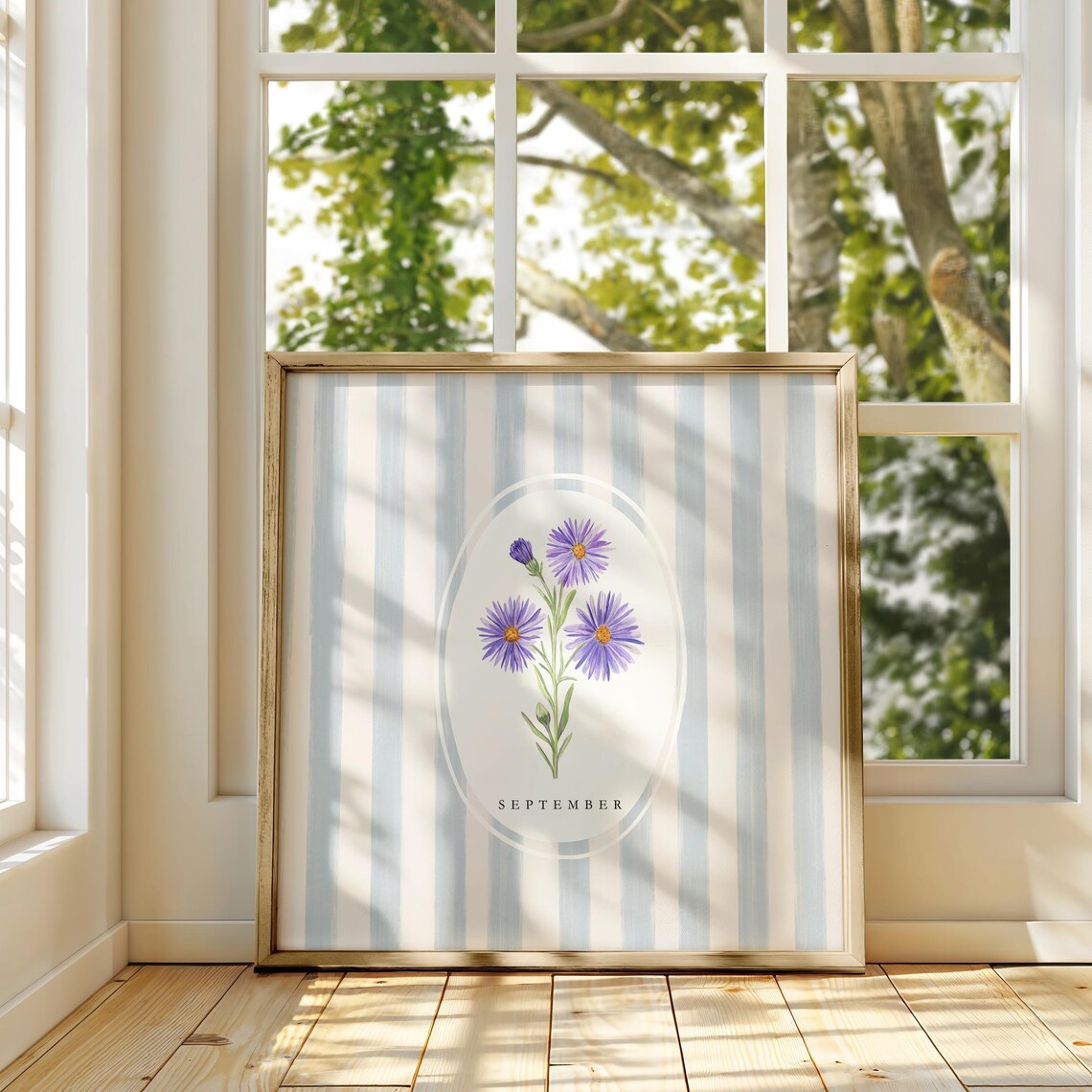 September Aster Birth Flower Watercolor Blue Striped Art Poster