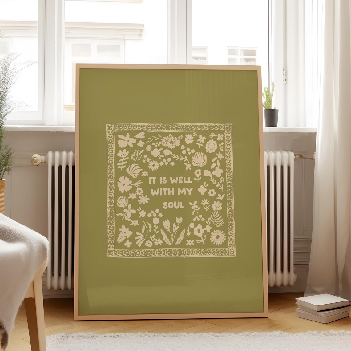 It Is Well With My Soul Cream Folk Quote Olive Green Wall Art Print