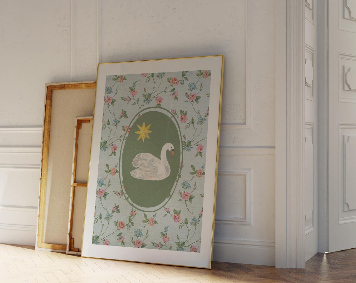 White Swan in Green Oval with Gold Star Floral Garden Poster