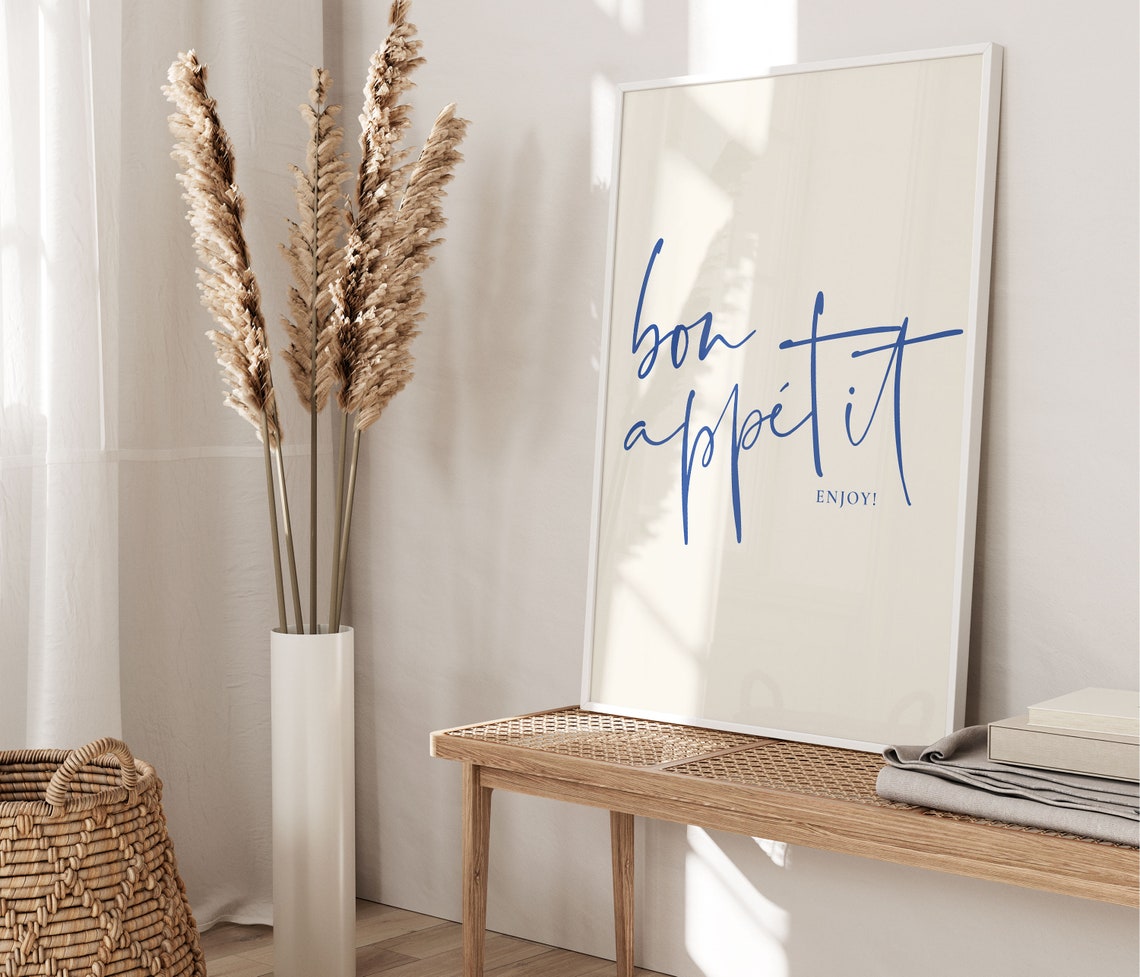 Bon Appetit Enjoy Blue Script Minimalist French Kitchen Dining Poster - Image 4