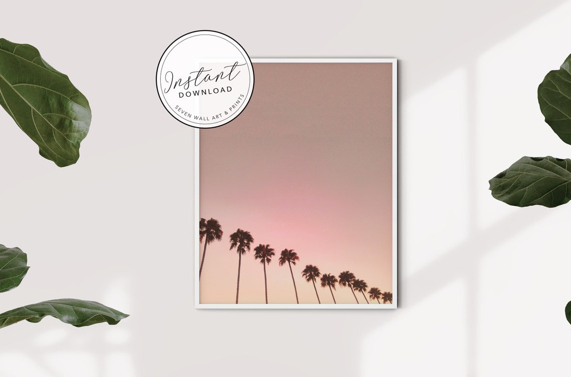 California Palm Trees Silhouette Pink Sunset Tropical Wall Art Poster