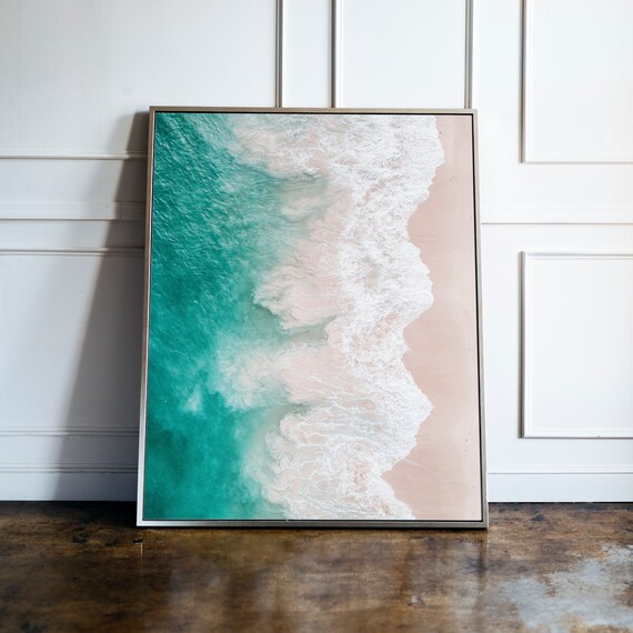 Turquoise Ocean Waves Pink Sand Beach Aerial Coastal Photography Print