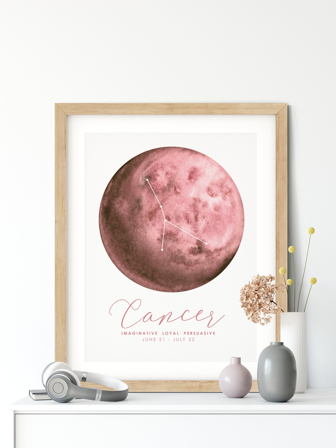Cancer Zodiac Constellation Pink Moon Watercolor Horoscope Print Poster - Image 3